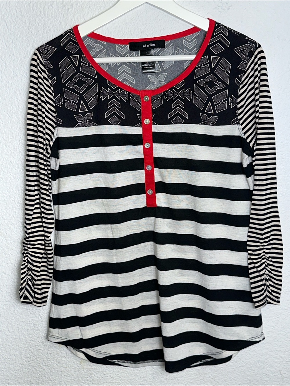 Ali Miles Striped Henley Top Linen Blend Striped Sleeves Womens Small